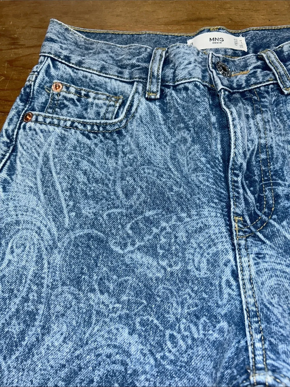 MNG Mango Women’s Paisley Print Straight Leg Jeans Size 2 High Rise Blue Denim - Picture 8 of 11